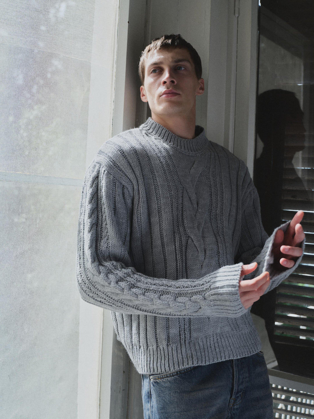 Giesto Pull en tricot gris à col rond texturé - Gris