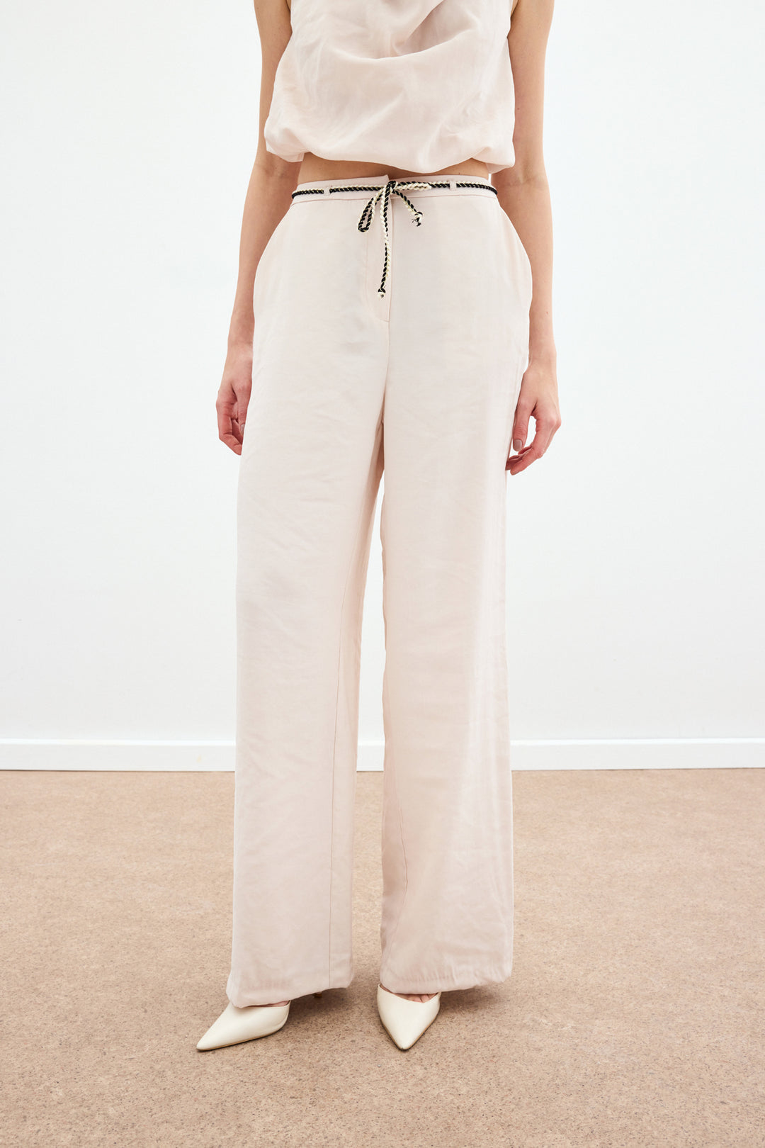 Sateen Pantalon avec ceinture en tricot - Beige
