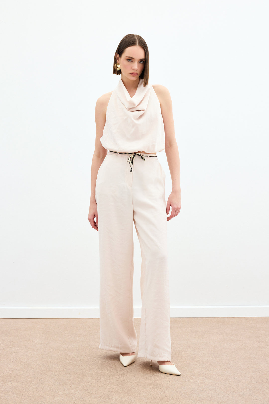 Sateen Pantalon avec ceinture en tricot - Beige