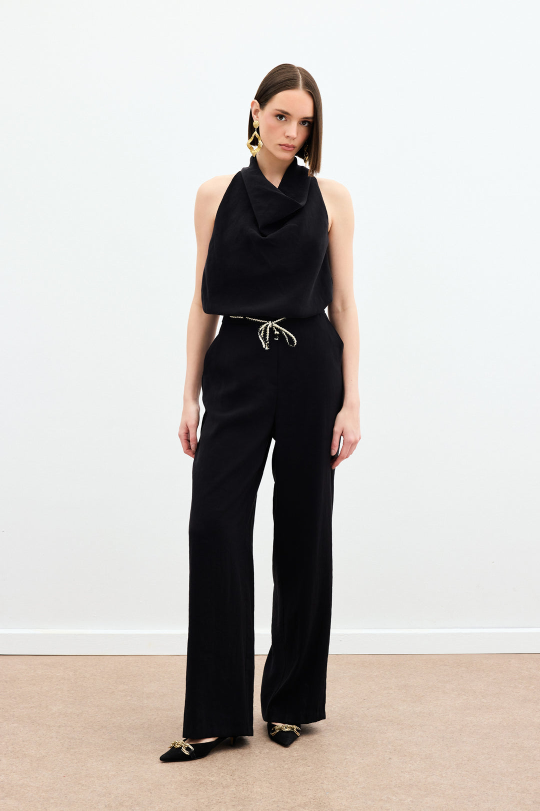 Sateen Pantalon avec ceinture en tricot - Noir