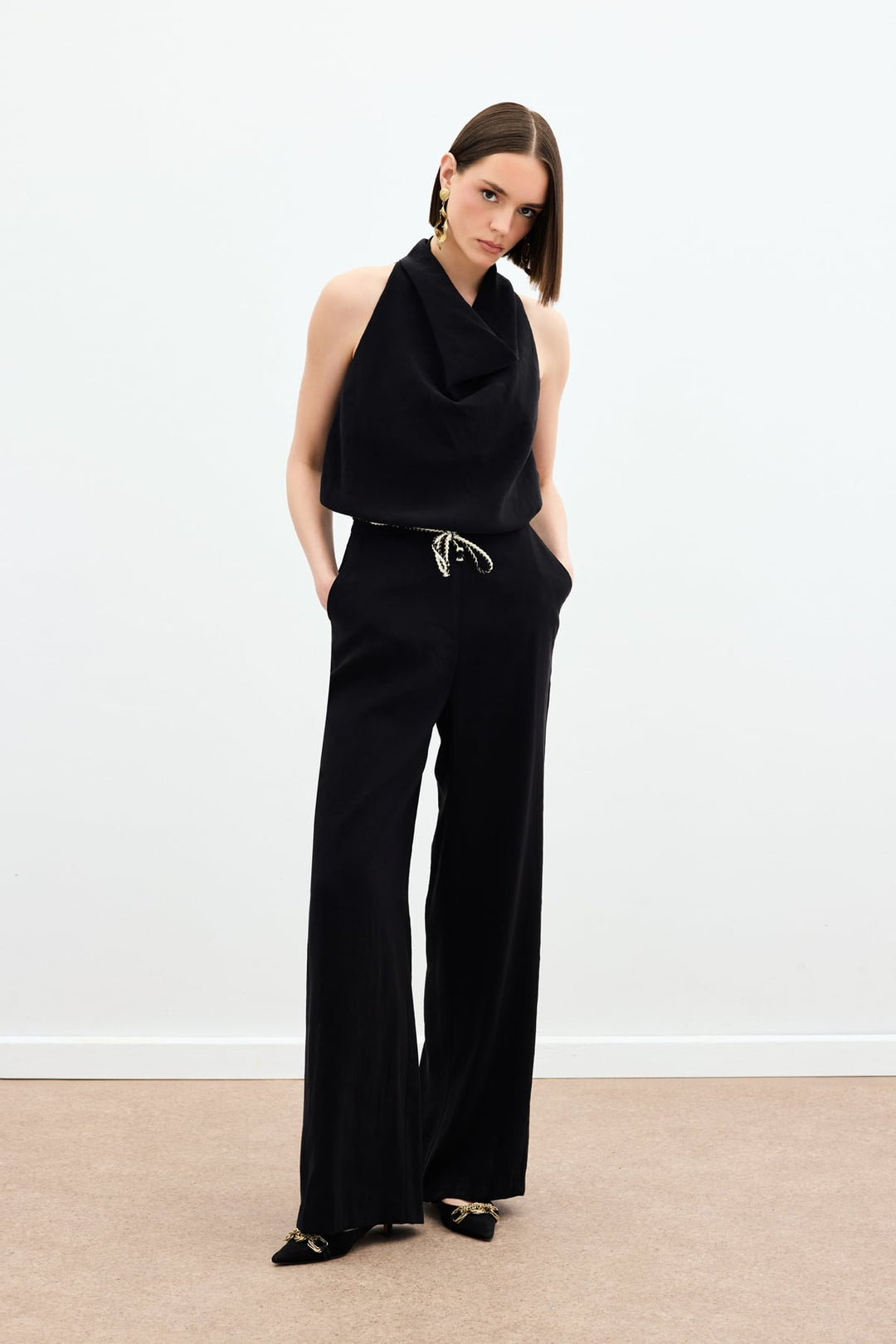 Sateen Pantalon avec ceinture en tricot - Noir