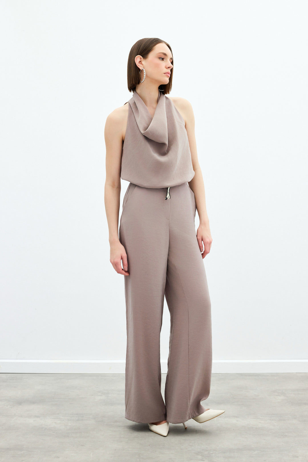 Sateen Pantalon avec ceinture en tricot - Vison