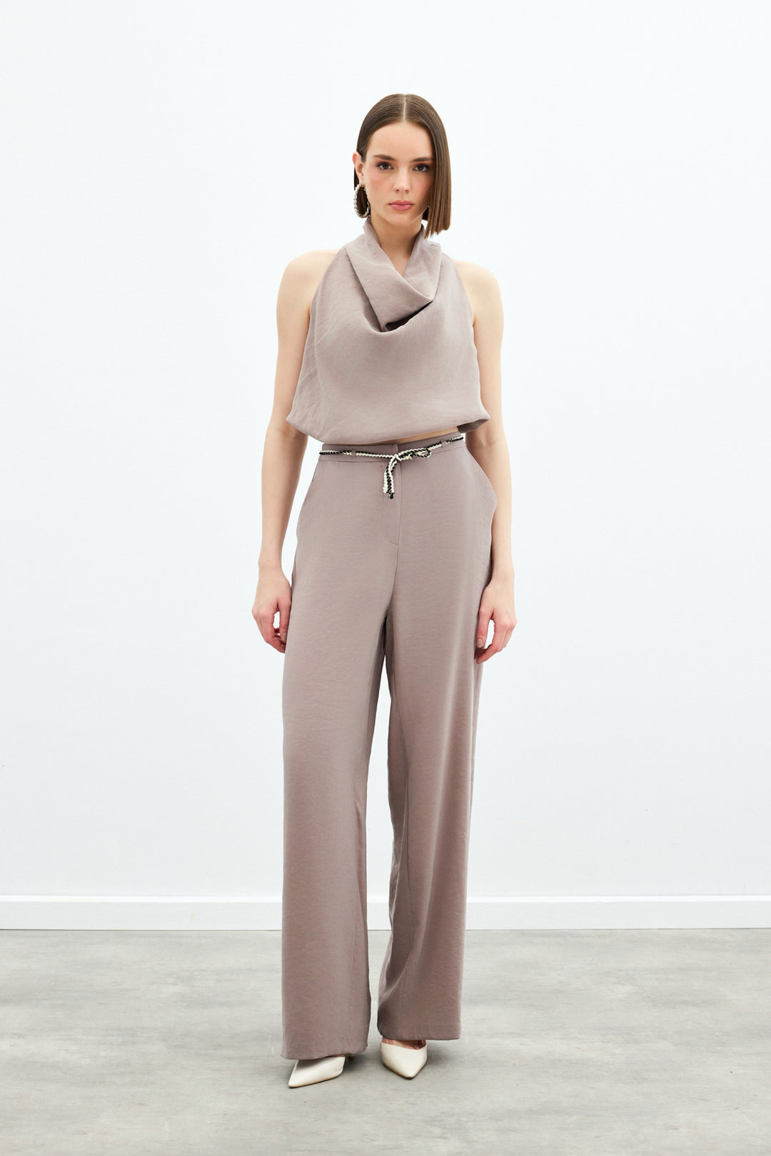 Sateen Pantalon avec ceinture en tricot - Vison