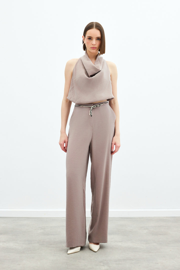 Sateen Pantalon avec ceinture en tricot - Vison