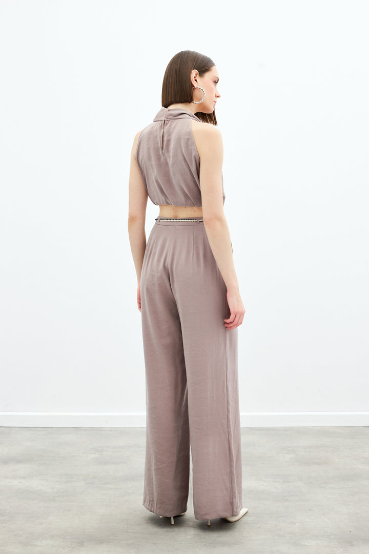 Sateen Pantalon avec ceinture en tricot - Vison