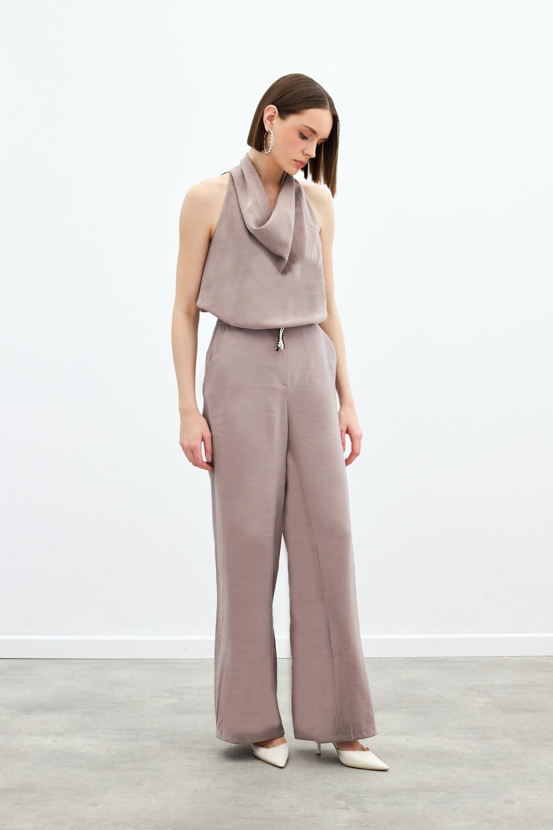 Sateen Pantalon avec ceinture en tricot - Vison