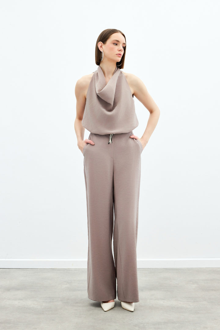 Sateen Pantalon avec ceinture en tricot - Vison
