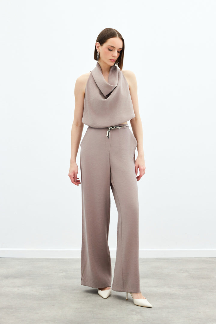 Sateen Pantalon avec ceinture en tricot - Vison
