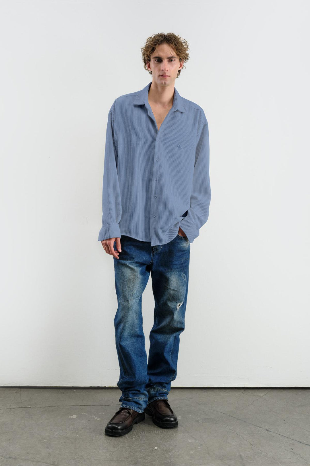 Giesto Chemise en Velours Bleu oversize drapée - Bleu