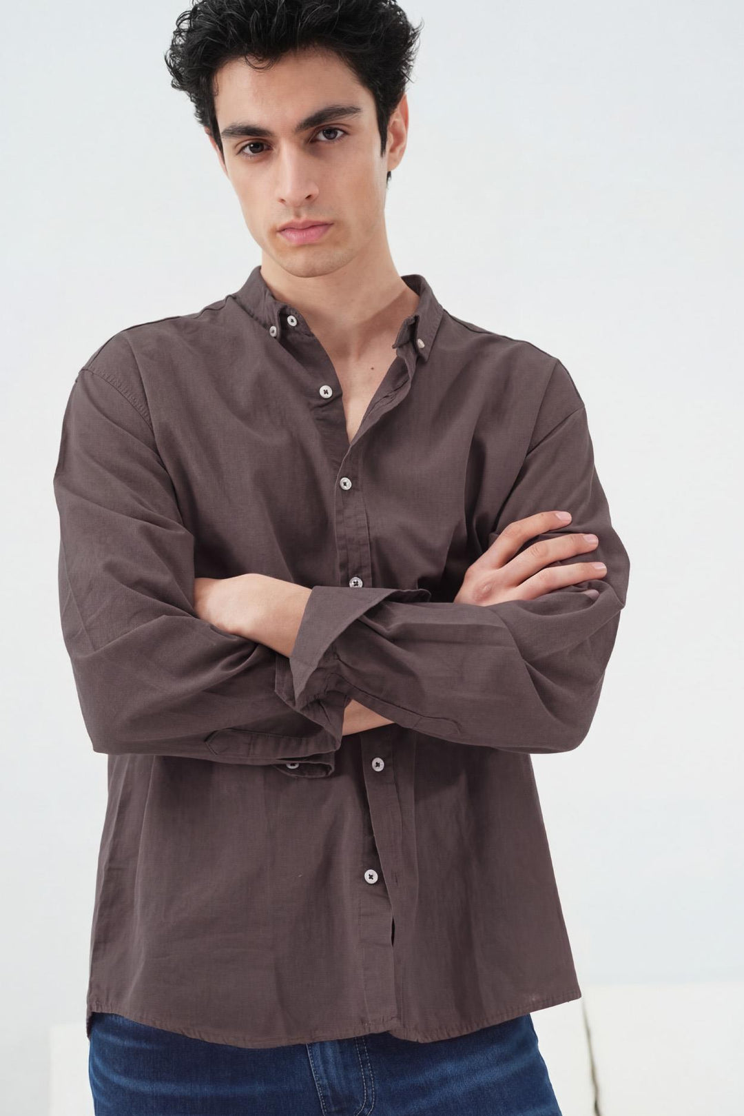 Giesto Chemise en lin frais marron oversize - Marron