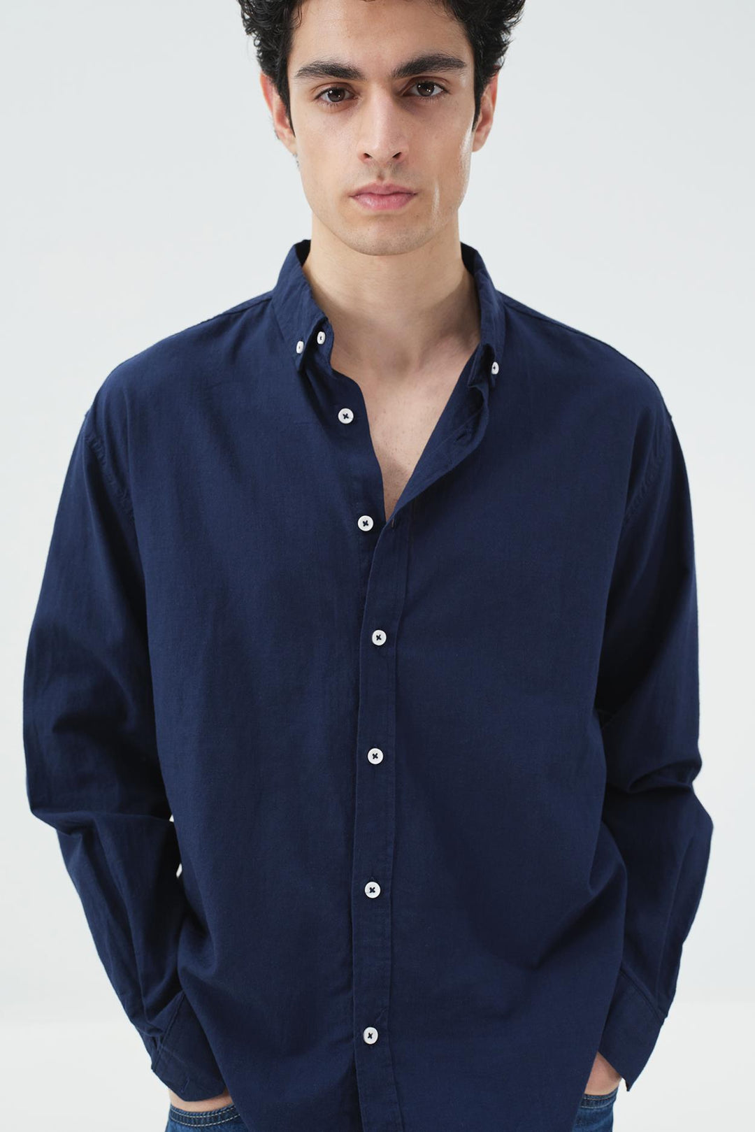 Giesto Chemise en lin frais bleu marine oversize - Bleu marine