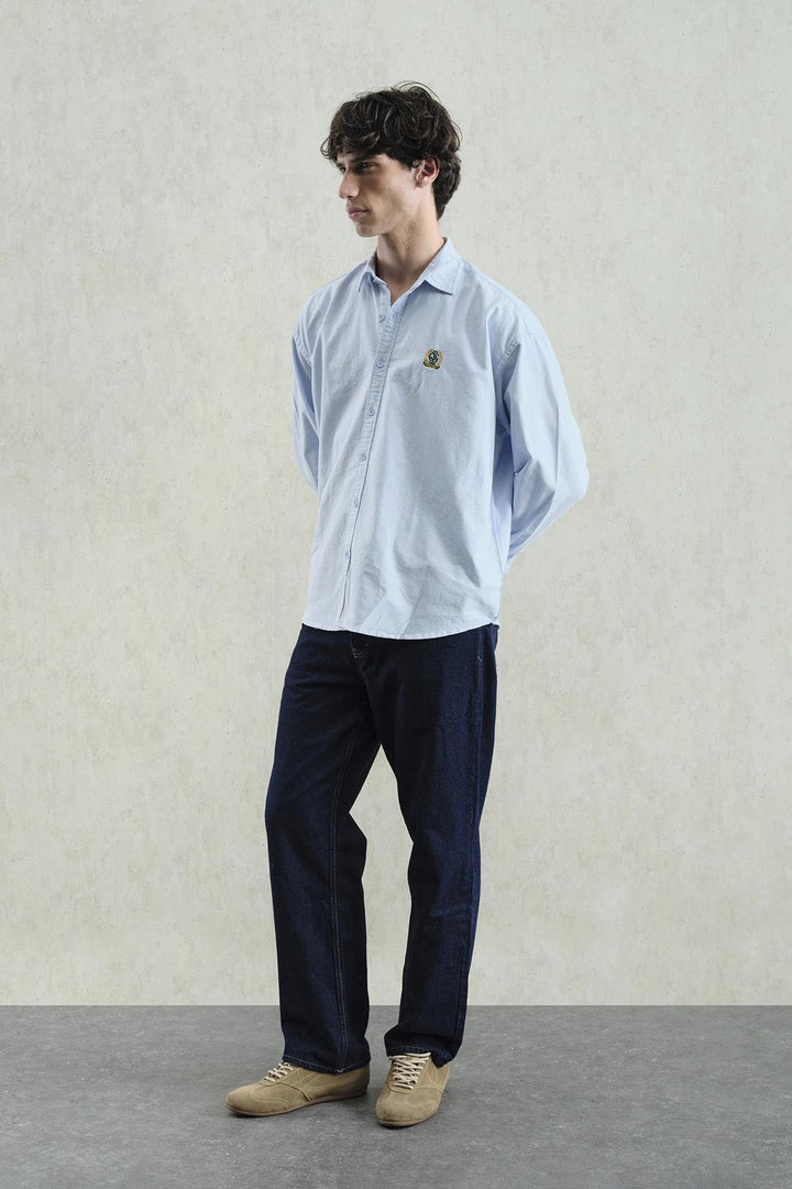 Giesto Chemise bleue brodée Oxford - Bleu