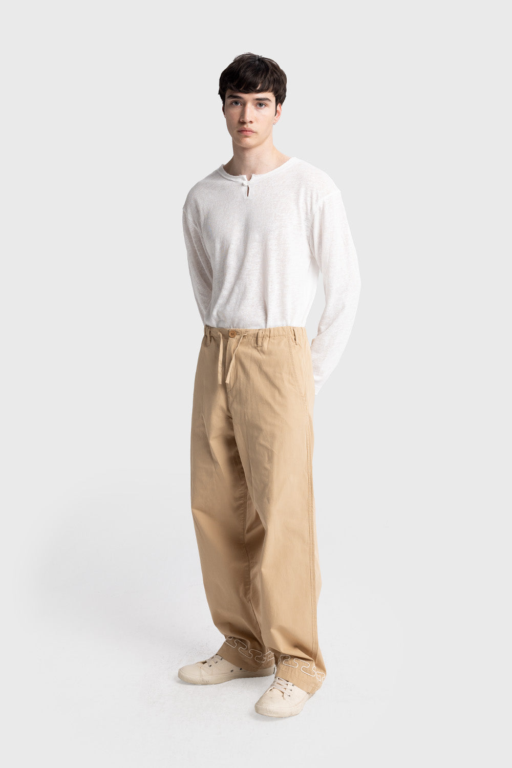 Giesto Pantalon en popeline avec broderies sur le bas - Tabac