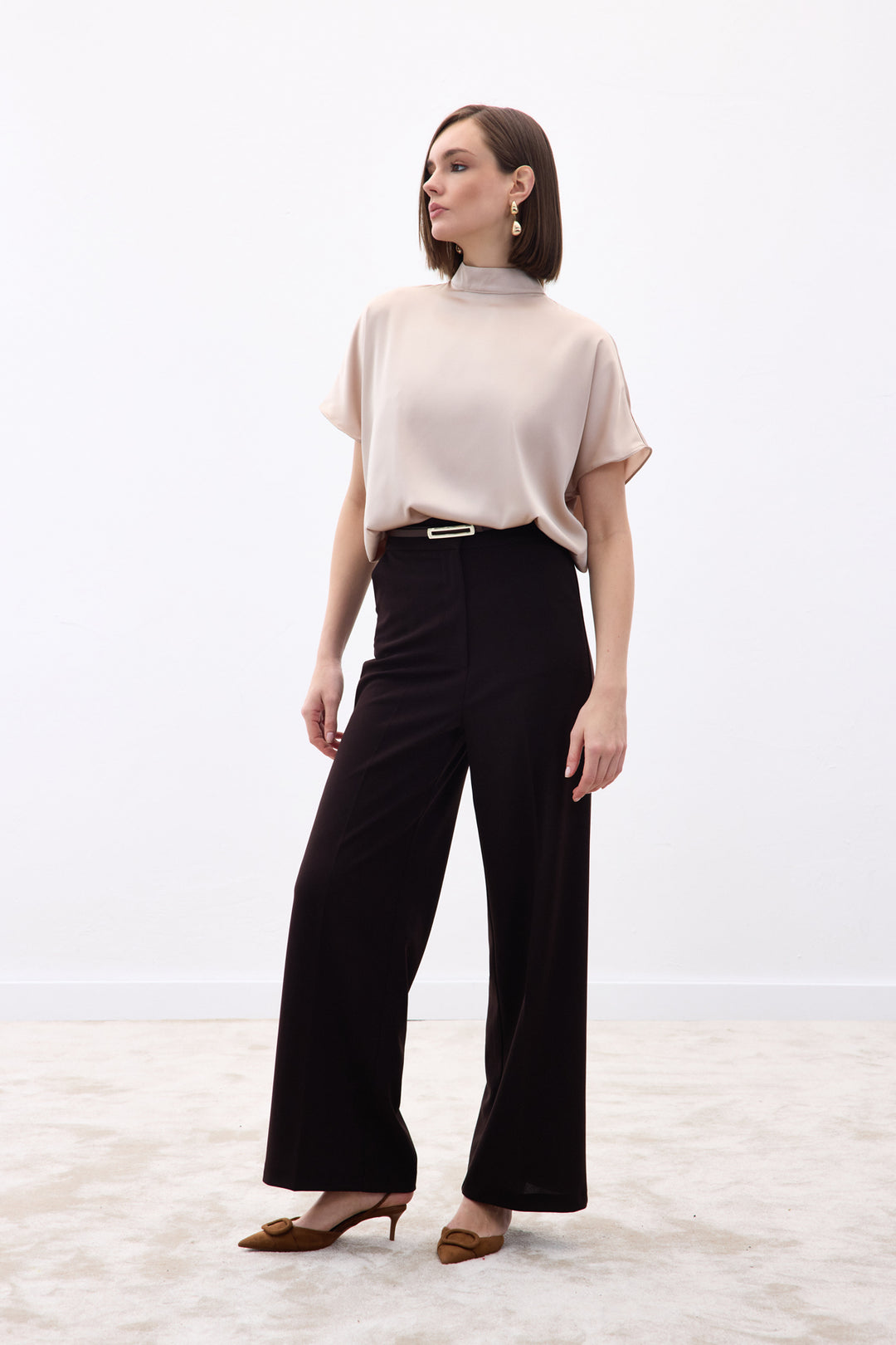 Sateen Pantalon Palazzo en Crêpe - Marron
