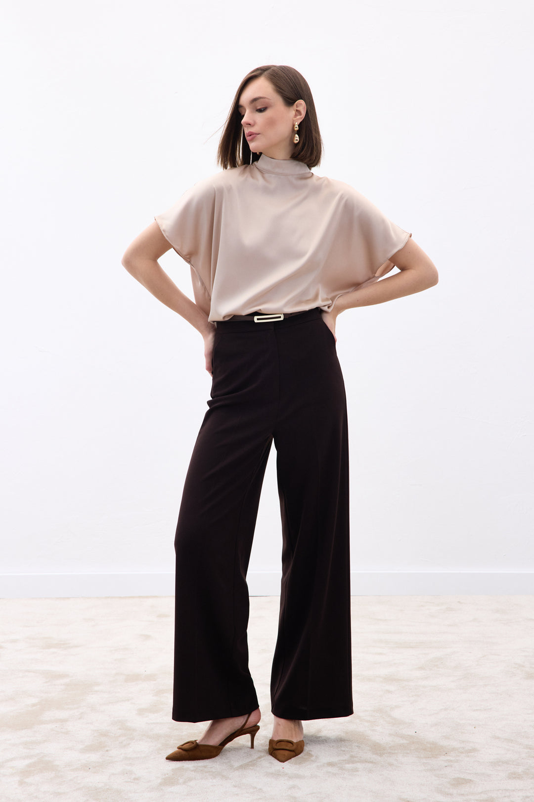 Sateen Pantalon Palazzo en Crêpe - Marron