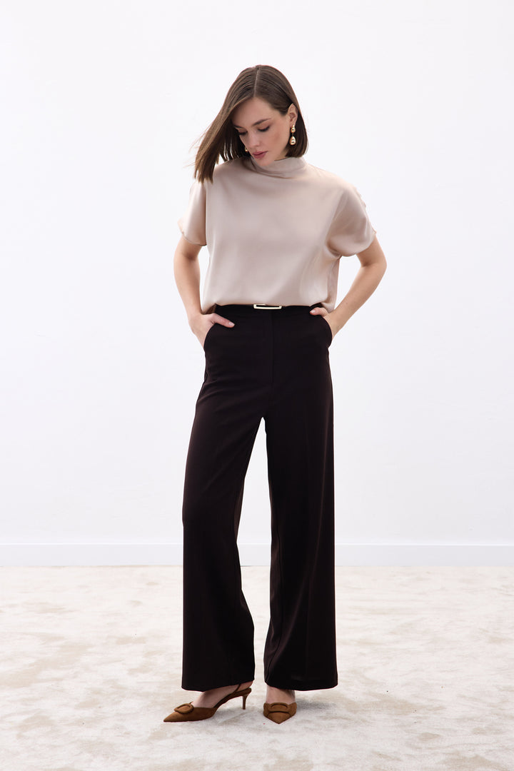 Sateen Pantalon Palazzo en Crêpe - Marron