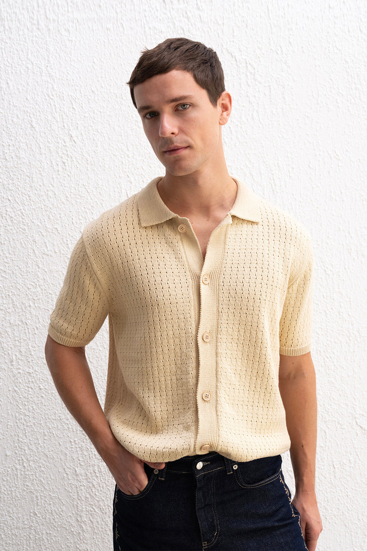 Giesto Chemise en Tricot Beige à Motif de Palmier - Beige