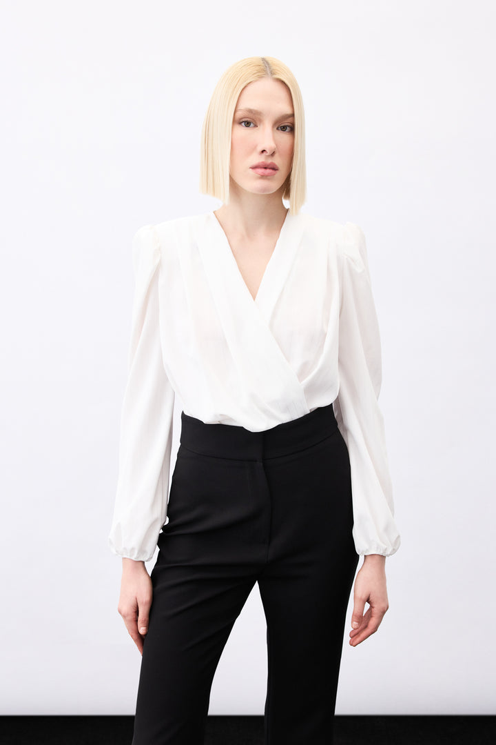 Sateen Blouse bodysuit à rayures brillantes - Écru
