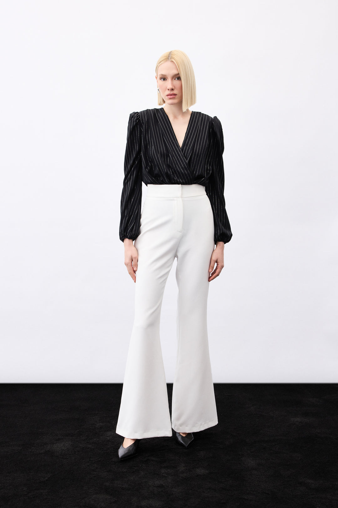 Sateen Blouse bodysuit à rayures brillantes - Noir