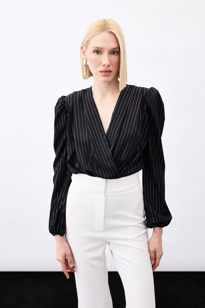 Sateen Blouse bodysuit à rayures brillantes - Noir