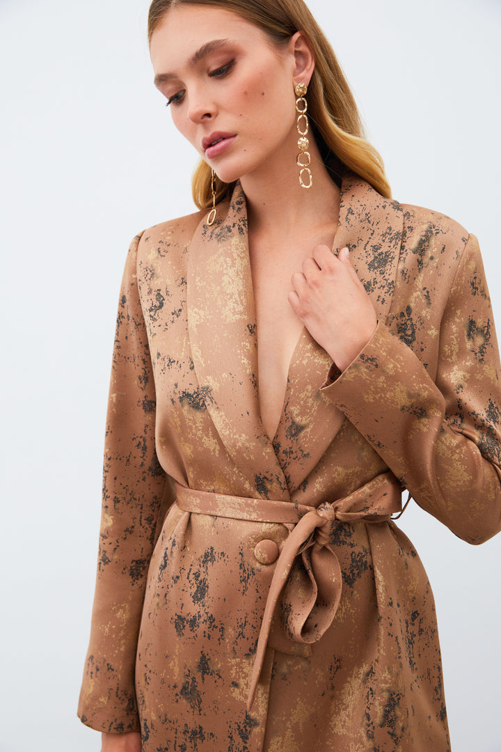 Sateen Veste Longue à Ceinture Brillante à Motifs - Marron