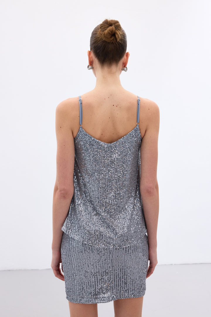 Sateen Top à Bretelles avec Détails Pailletés - Gris