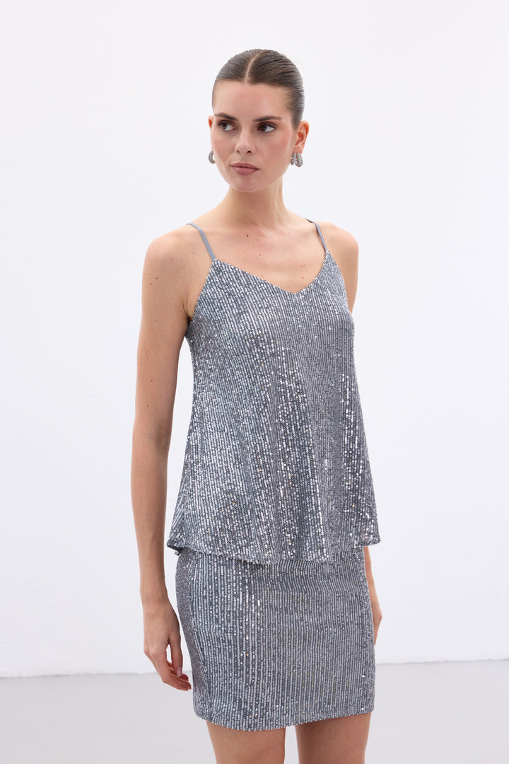 Sateen Top à Bretelles avec Détails Pailletés - Gris