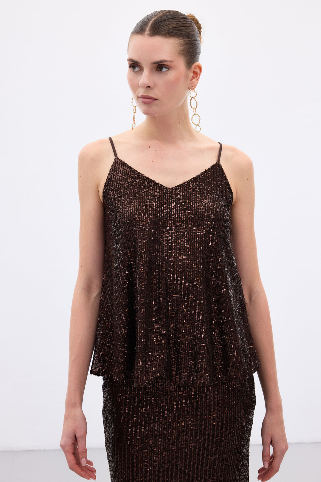Sateen Top à Bretelles avec Détails Pailletés - Marron