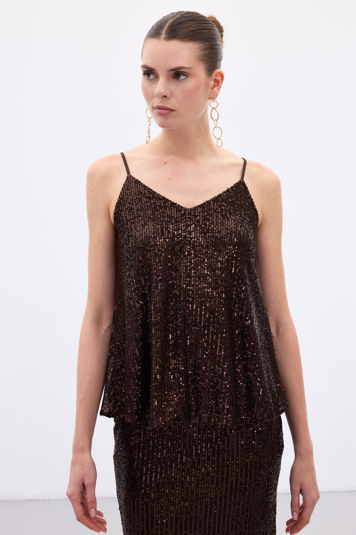 Sateen Top à Bretelles avec Détails Pailletés - Marron