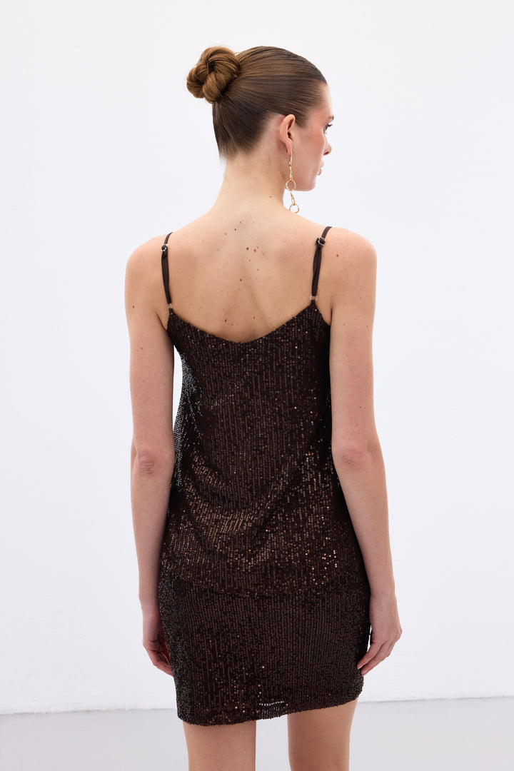 Sateen Top à Bretelles avec Détails Pailletés - Marron