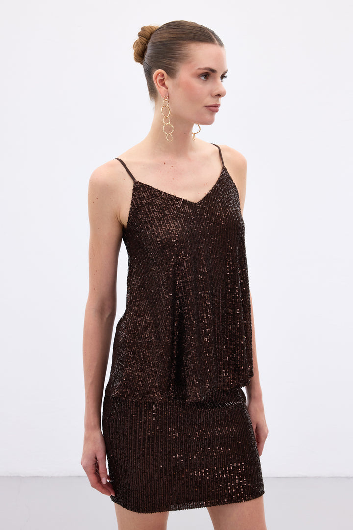 Sateen Top à Bretelles avec Détails Pailletés - Marron