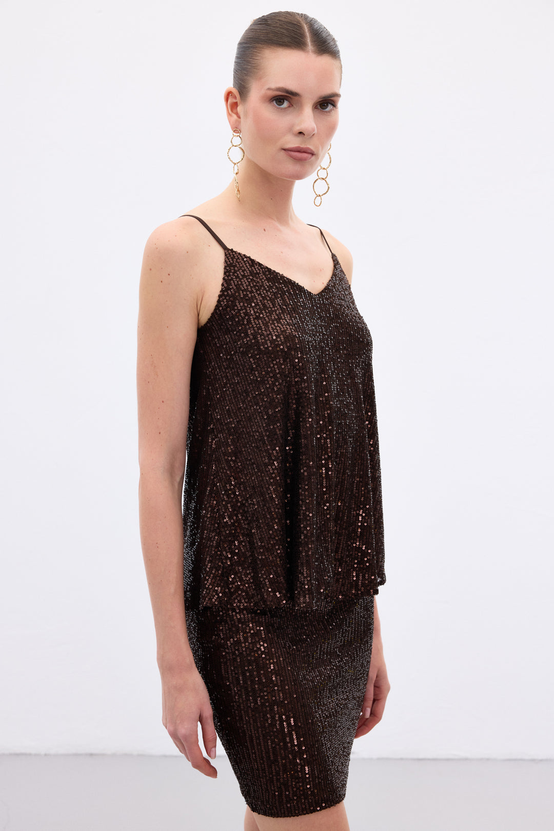 Sateen Top à Bretelles avec Détails Pailletés - Marron