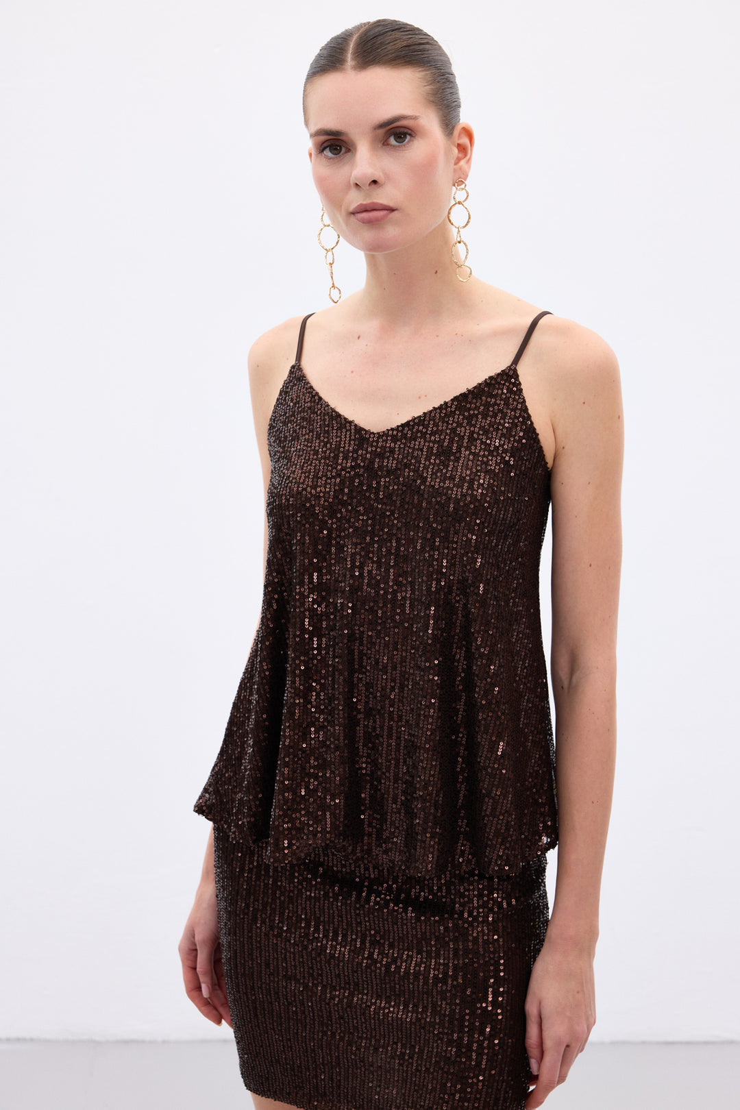 Sateen Top à Bretelles avec Détails Pailletés - Marron