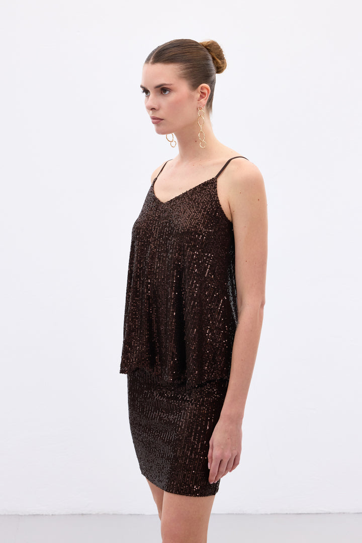 Sateen Top à Bretelles avec Détails Pailletés - Marron