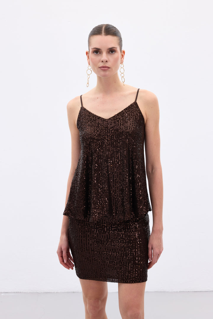 Sateen Top à Bretelles avec Détails Pailletés - Marron