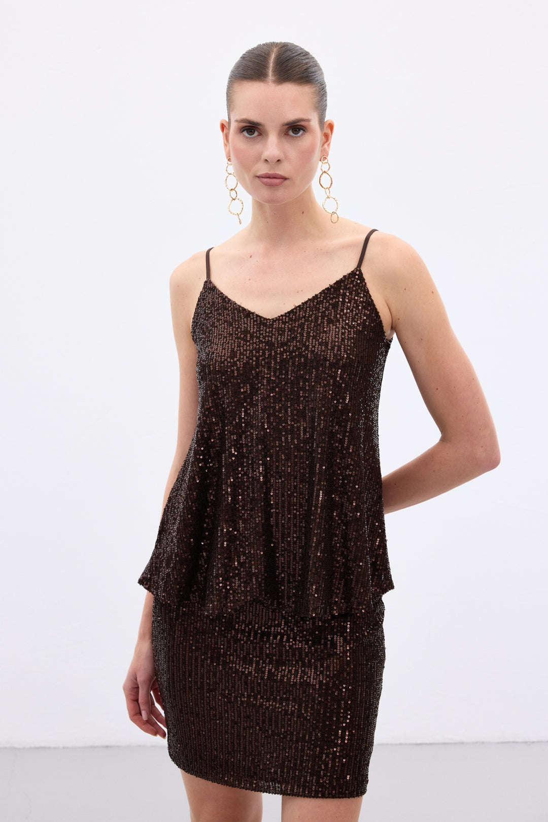 Sateen Top à Bretelles avec Détails Pailletés - Marron