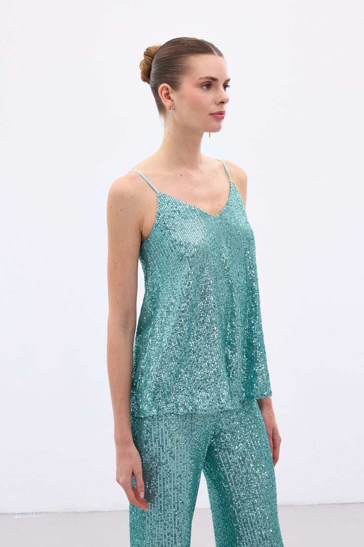 Sateen Blouse à Bretelles avec Détails en Paillettes - Menthe