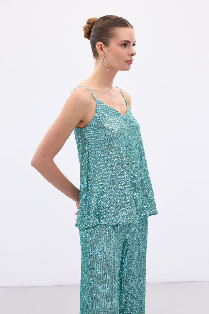 Sateen Blouse à Bretelles avec Détails en Paillettes - Menthe