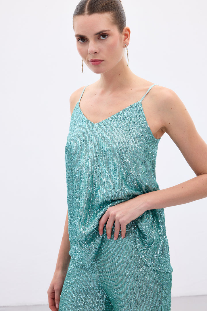 Sateen Blouse à Bretelles avec Détails en Paillettes - Menthe