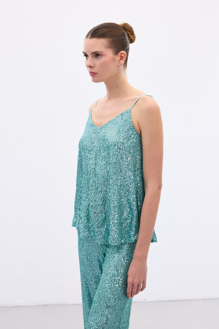 Sateen Blouse à Bretelles avec Détails en Paillettes - Menthe