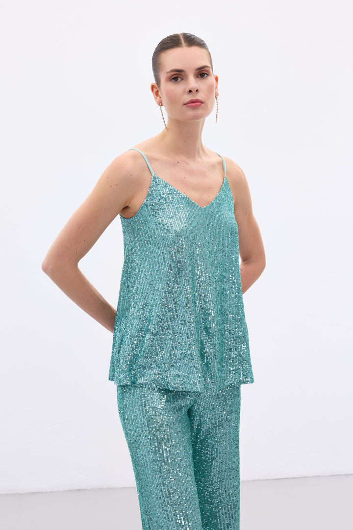 Sateen Blouse à Bretelles avec Détails en Paillettes - Menthe