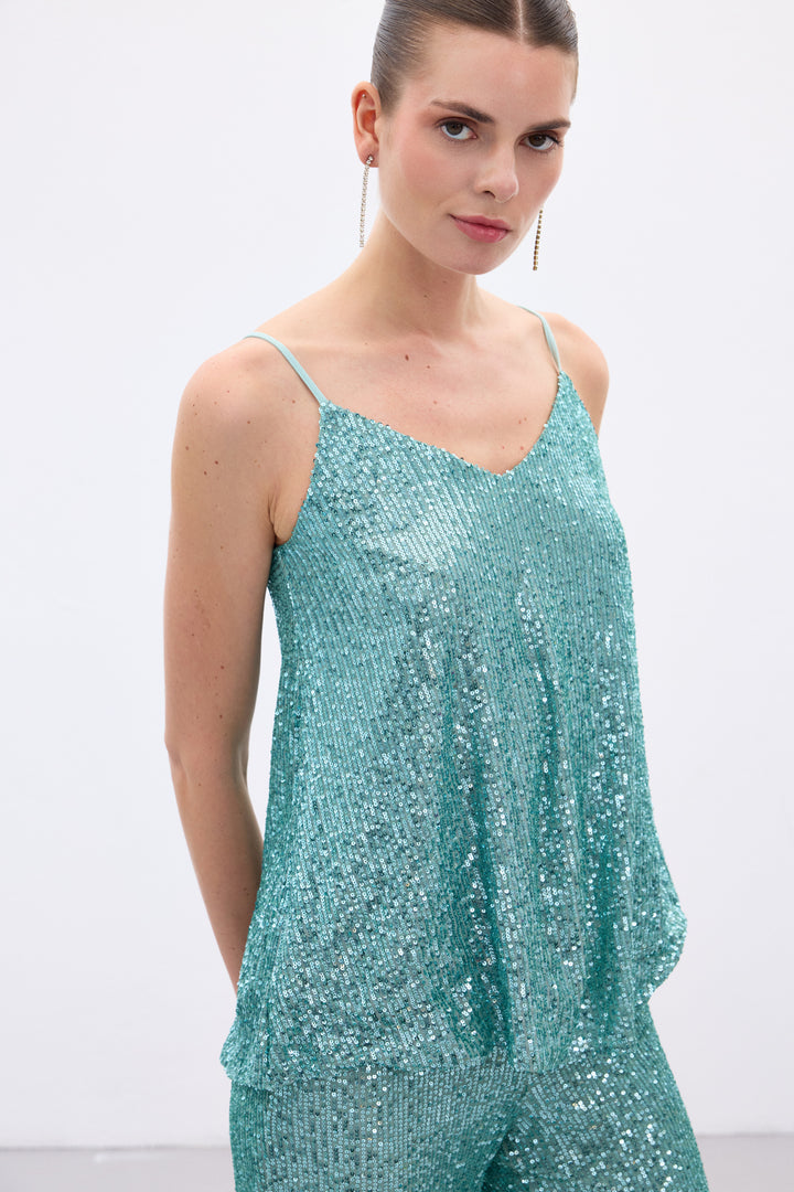 Sateen Blouse à Bretelles avec Détails en Paillettes - Menthe