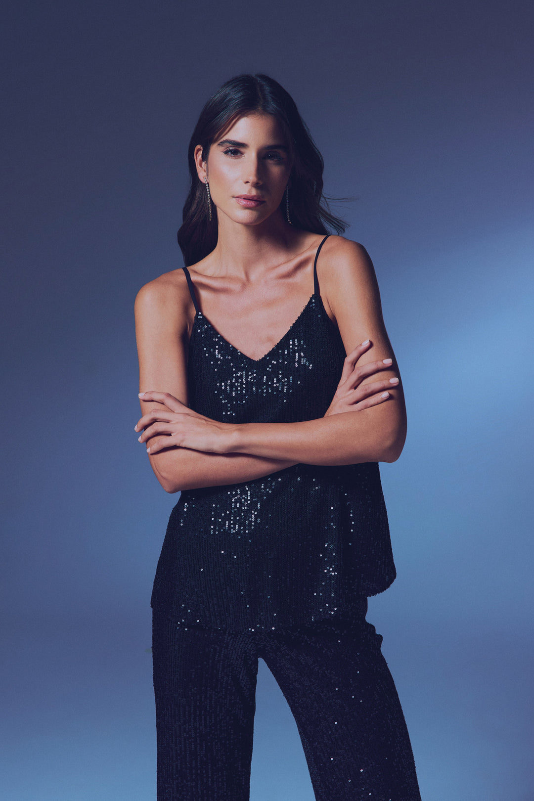 Sateen Blouse à bretelles avec détails en sequins - Noir