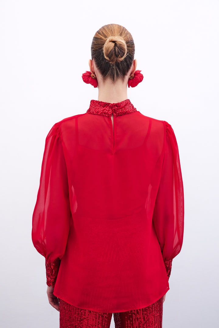 Sateen Blouse avec détails pailletés - Rouge