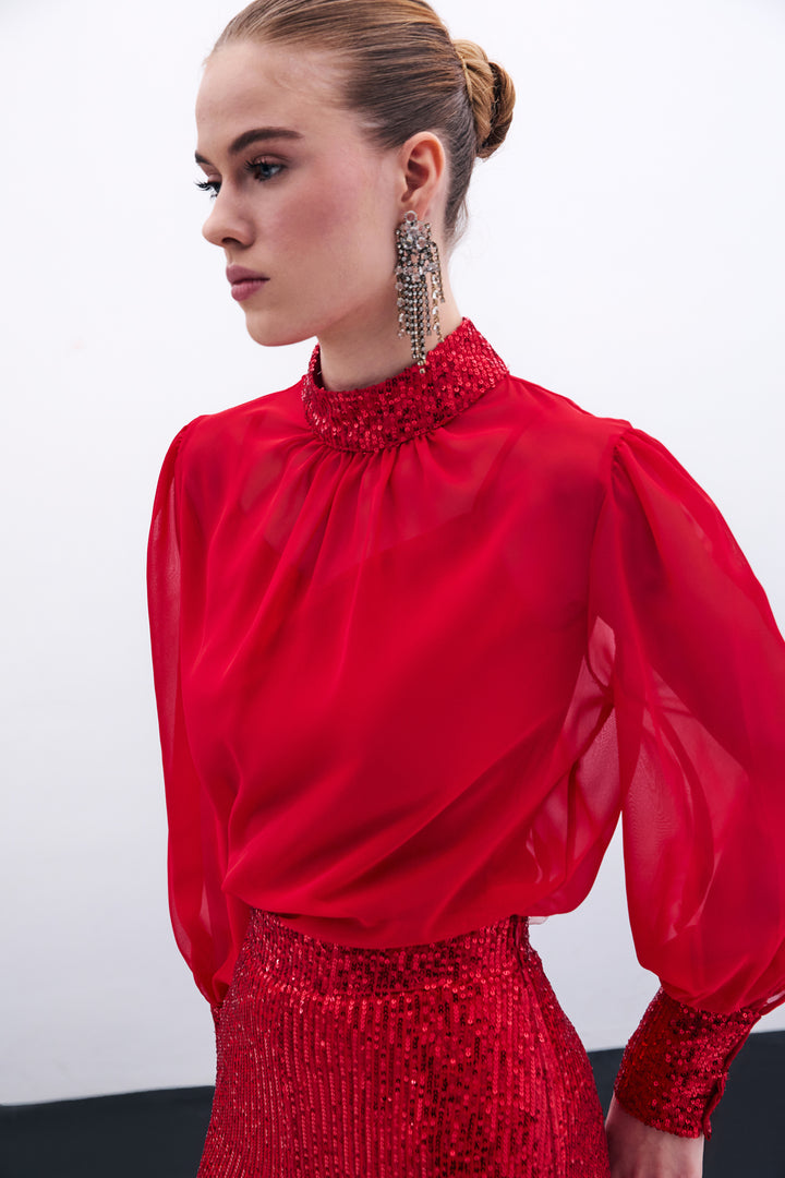 Sateen Blouse avec détails pailletés - Rouge