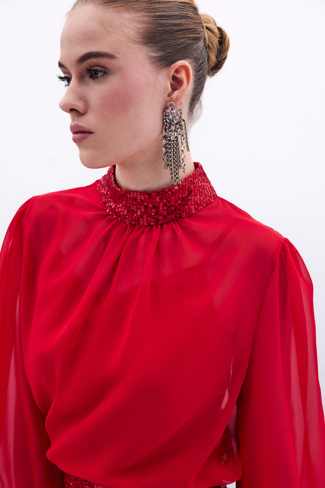 Sateen Blouse avec détails pailletés - Rouge