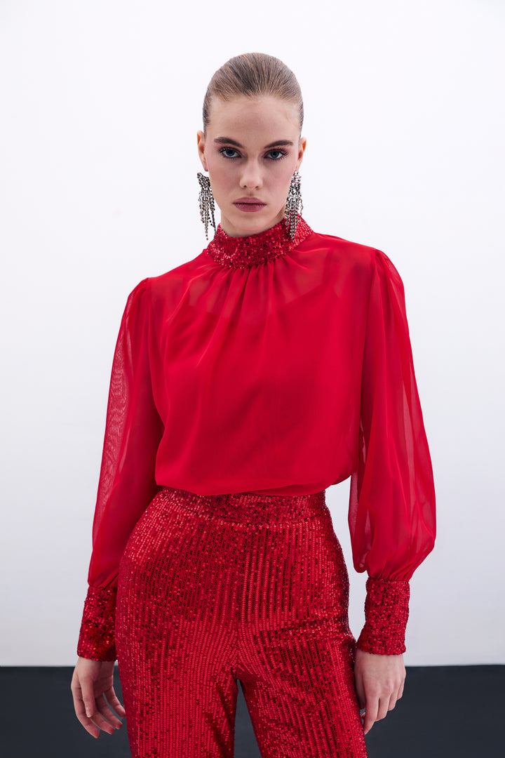 Sateen Blouse avec détails pailletés - Rouge