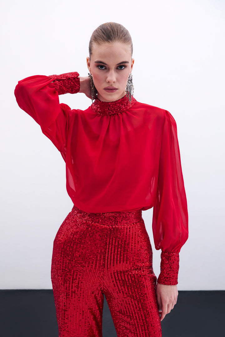 Sateen Blouse avec détails pailletés - Rouge