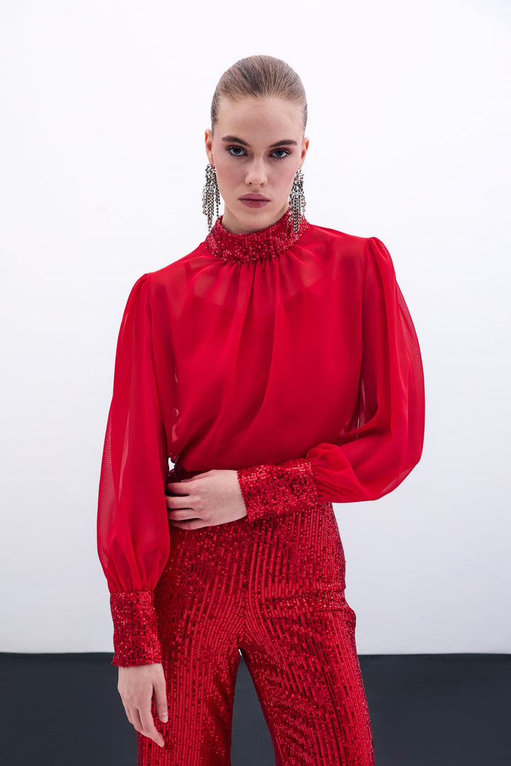 Sateen Blouse avec détails pailletés - Rouge