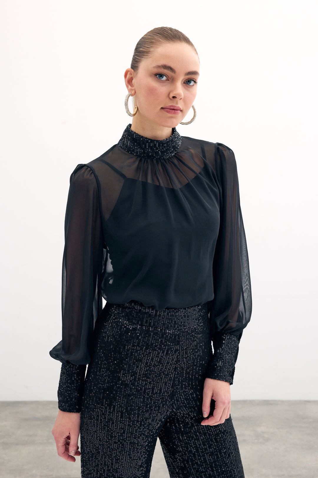 Sateen Blouse avec détails pailletés - Noir